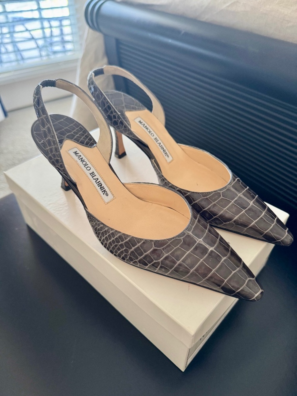 Vintage Manolo Blahnik Croc Leather Sling Back Pumps